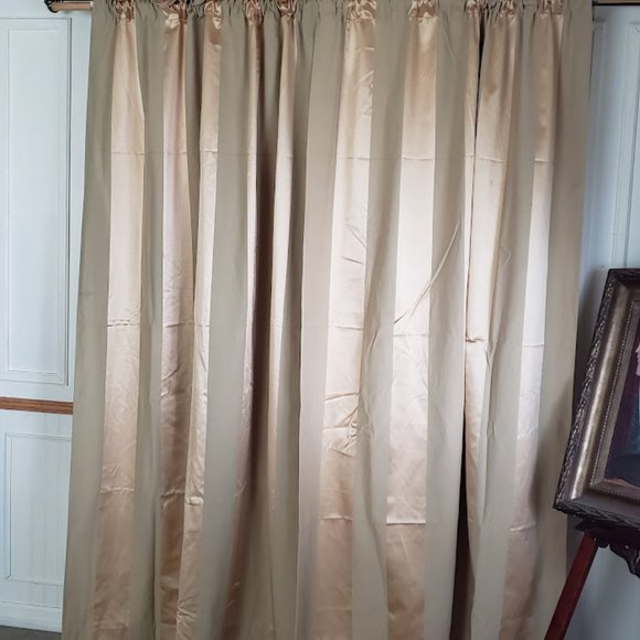 Country Curtain Panels (2) Light Gold Satin Stripe 99W x 84L Cotton Blend Lined - Picture 4 of 10